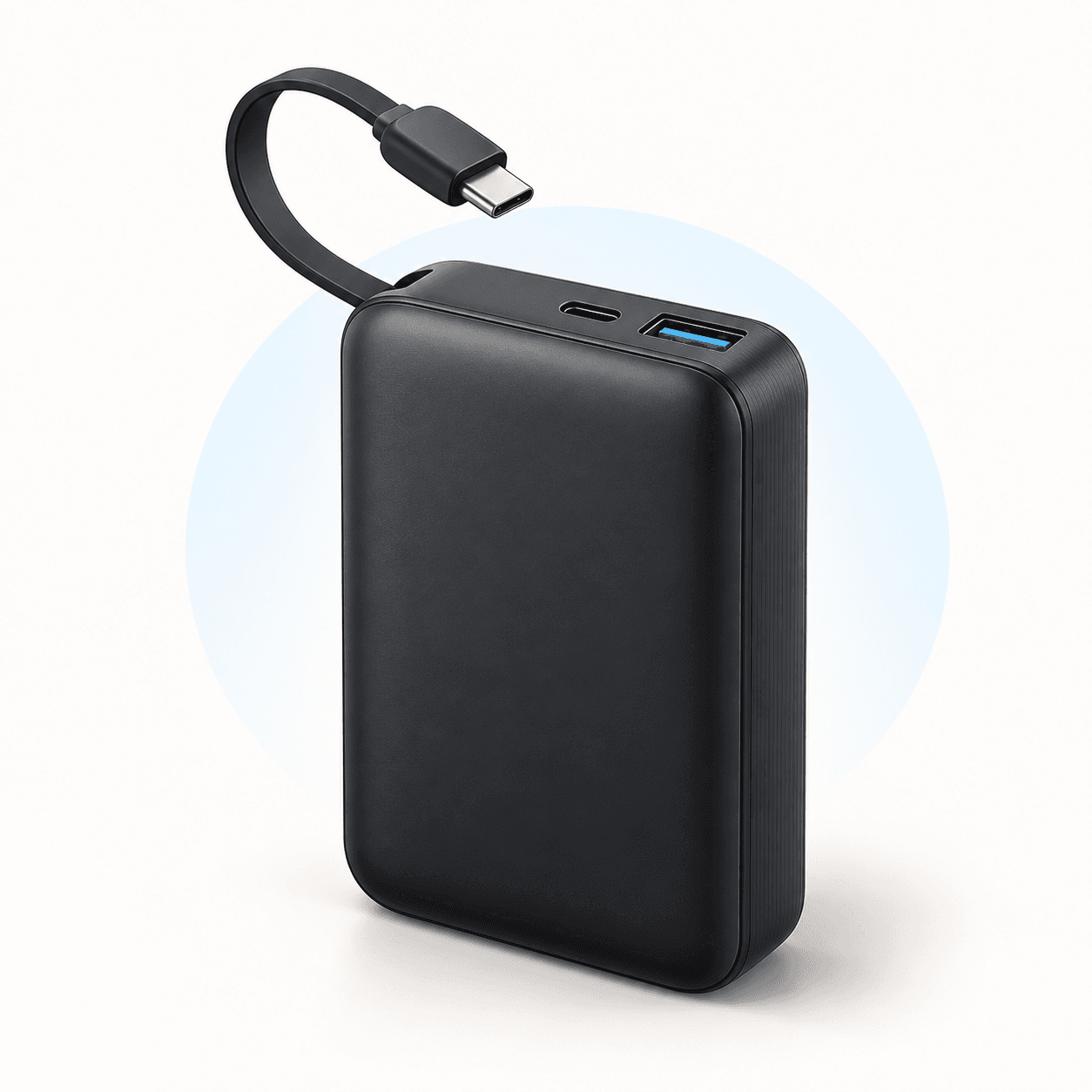 Ilustração de power bank preto com cabo USB-C integrado, uma porta USB-C e uma USB-A