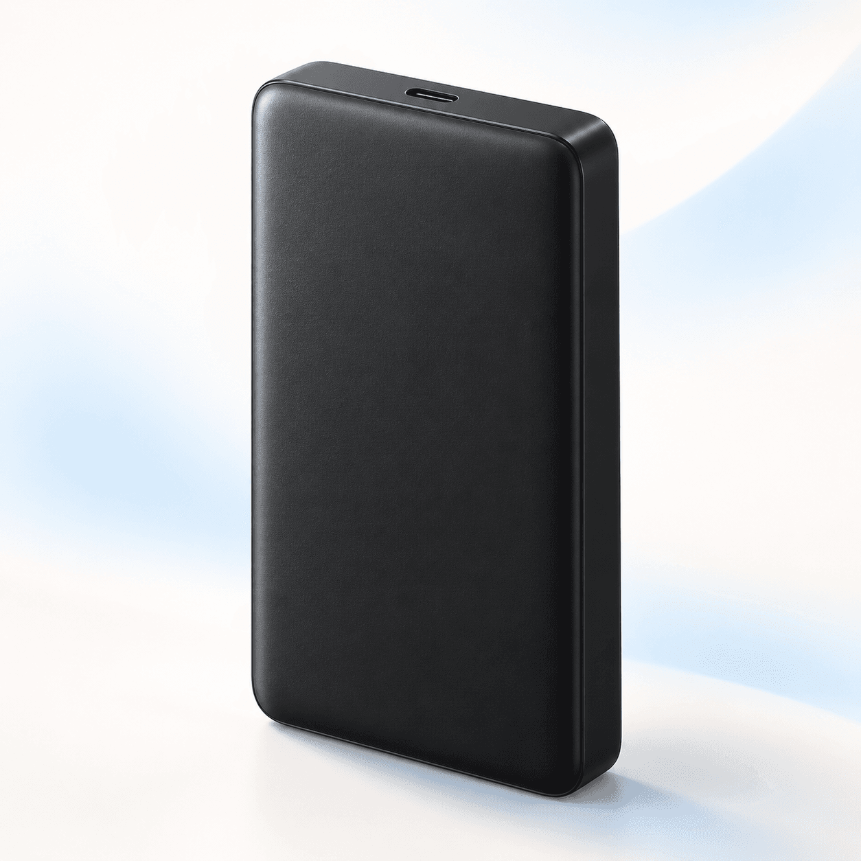Ilustração de power bank preto e retangular com uma porta USB-C