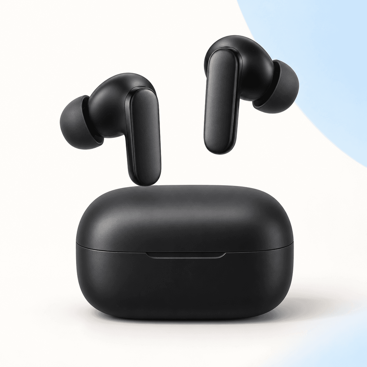 Ilustração de fones sem fio pretos acima do estojo de carregamento fechado